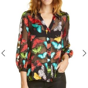 Alice + Olivia MD butterflies sheer printed blouse.